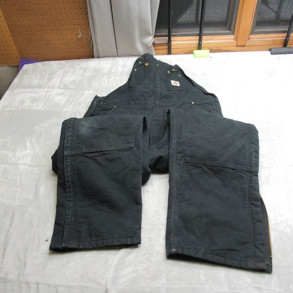 Carhartt Bib Overall Mens 42x33 Black Canvas Duck Bib Quilt Lined Work USA R02 - Picture 2 of 16